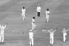Gundappa Viswanath of India is bowled for 20 runs by Sarfraz Nawaz of Pakistan during the 2nd Test match between Pakistan and India at Gaddafi Stadium, Lahore, Pakistan, 27th October 1978. The non-striking batsman for India is Dilip Vengsarkar and the fielders for Pakistan are (from bottom left) wicketkeeper Wasim Bari, Majid Khan, Zaheer Abbas and Asif Iqbal. Pakistan won the match by 8 wickets. (Photo by Patrick Eagar/Popperfoto via Getty Images)
