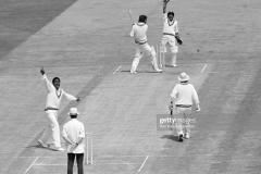 Viv Richards of West Indies traps Pakistan batsman Zaheer Abbas LBW for 31 runs during the Prudential World Cup match between Pakistan and West Indies at Edgbaston, Birmingham, 11th June 1975. The wicketkeeper for West Indies is Deryck Murray, the non-striking batsman for Pakistan is Majid Khan and the umpire is David Constant. West Indies won the match by 1 wicket. (Photo by Ken Kelly/Popperfoto via Getty Images/Getty Images)