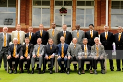 LONDON, ENGLAND - JULY 18: The MCC World Cricket Committee pose for a group photograph during a break from their meeting at Lords Cricket Ground in London on 18 July 2011.  Back row (left to right):  Mike Gatting, Martin Crowe, Alec Stewart, Shaun Pollock, Courtney Walsh, Tony Dodemaide, Steve Bucknor, Anil Kumble, Dave Richardson and Michael Tissera; front row (left to right):  Barry Richards, Steve Waugh, name not known, Tony Lewis (Chairman), Christopher Martin-Jenkins (MCC President), Geoffrey Boycott, Majid Khan and Mike Brearley.(Photo by Philip Brown/Popperfoto via Getty Images/Getty Images)