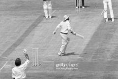Pakistan captain Majid Khan is dismissed for 60 runs, caught behind by West Indies wicketkeeper Deryck Murray off the bowling of Clive Lloyd during the Prudential World Cup match between Pakistan and West Indies at Edgbaston, Birmingham, 11th June 1975. The non-striking batsman for Pakistan is Mushtaq Mohammad and the umpire is John Langridge. West Indies won the match by 1 wicket. (Photo by Ken Kelly/Popperfoto via Getty Images/Getty Images)