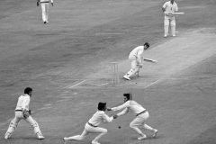 An edge from England batsman Keith Fletcher is dropped in the slips by Shafiq Ahmed and Majid Khan (right) during his innings of 67 not out in the 1st Test match between England and Pakistan at Headingley, Leeds, 29th July 1974. The non-striking batsman for England is John Edrich and Pakistan fielders include wicketkeeper Wasim Bari. The match ended in a draw. (Photo by Ken Kelly/Popperfoto via Getty Images/Getty Images)