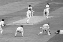 Pakistan batsman Majid Khan is dropped in the slips by England captain Mike Denness on day one of the 1st Test match between England and Pakistan at Headingley, Leeds, 25th July 1974. The bowler for England is Chris Old and the other England fielders are wicketkeeper Alan Knott, Keith Fletcher and Tony Greig; the non-striking batsman for Pakistan is Sadiq Mohammad and the umpire is Arthur Fagg. The match ended in a draw. (Photo by Ken Kelly/Popperfoto via Getty Images/Getty Images)