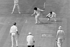Pakistan batsman Zaheer Abbas survives an attempted stumping by England wicketkeeper Alan Knott off the bowling of Derek Underwood during the 3rd Test match between England and Pakistan at The Oval, London, 22nd August 1974. The other fielder for England is Keith Fletcher and the non-striking batsman for Pakistan is Majid Khan; the umpire is Dickie Bird. The match ended in a draw. (Photo by Patrick Eagar/Popperfoto via Getty Images)
