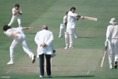 Zaheer Abbas of Pakistan pulls a delivery from Dennis Lillee of Australia during the Prudential World Cup group match between Australia and Pakistan at Headingley, Leeds, 7th June 1975. The fielders for Australia are Ian Chappell and wicketkeeper Rod Marsh; the non-striking batsman for Pakistan is Majid Khan and the umpire is Bill Alley. Australia won the match by 73 runs. (Photo by Patrick Eagar/Popperfoto via Getty Images/Getty Images)